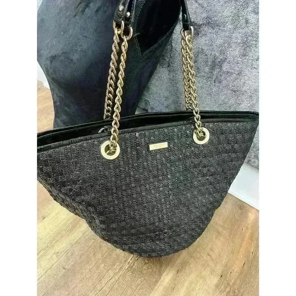 Kate Spade Woven Shoulder Bag Gold Tone Chain Satchel Black 10X16 Large